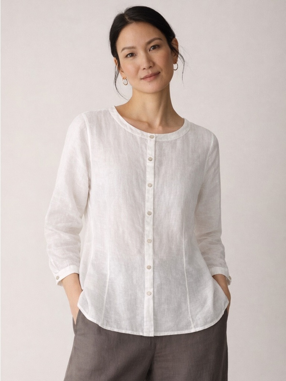Eileen Fisher NWOT Irish Linen Round-Neck Button Blouse, White, Size LP